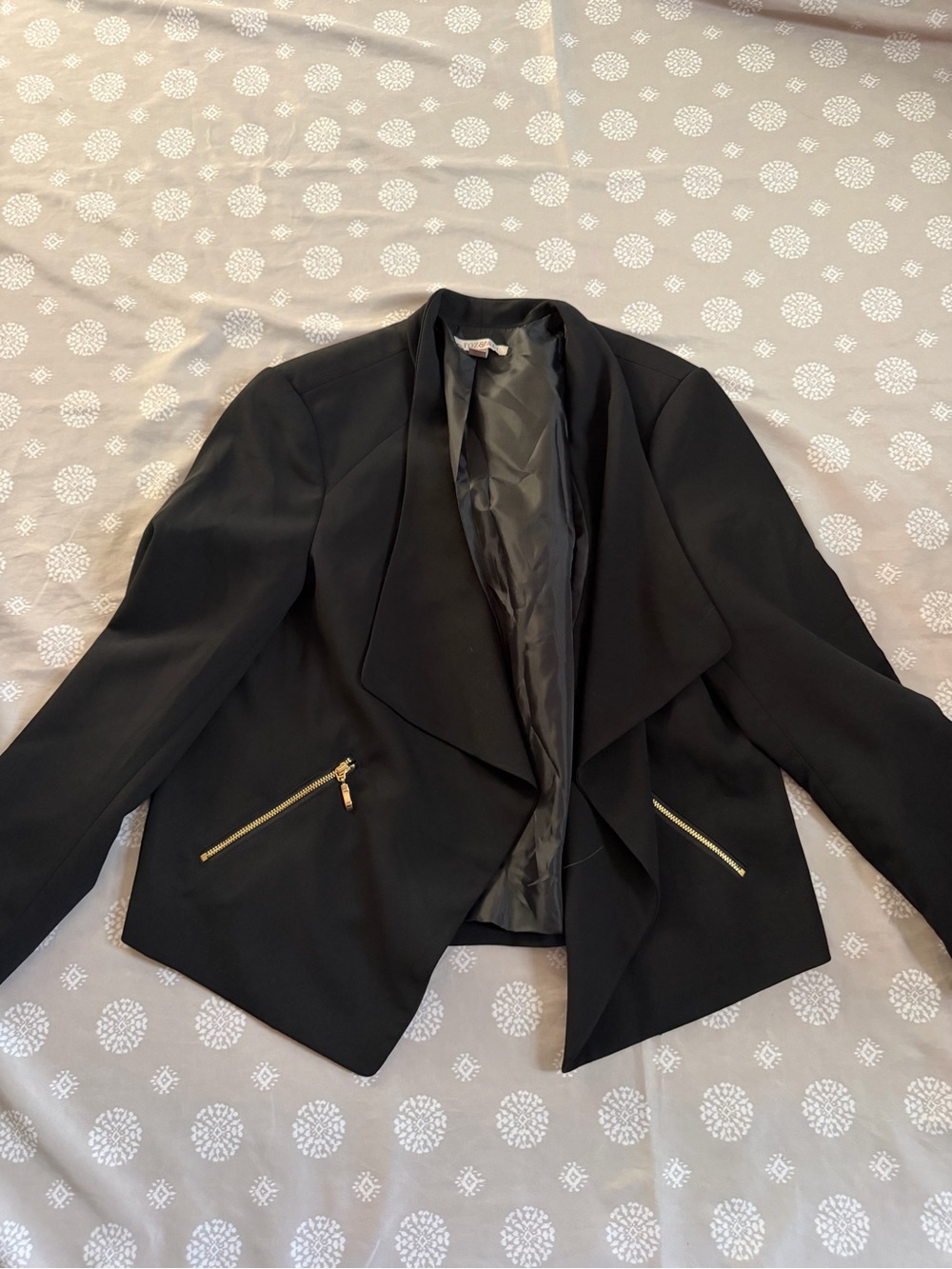 Roz & Ali Black Draped Open-Front Blazer with Gold Zipper Accents